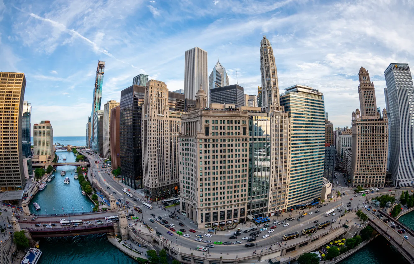 Фото обои город, небоскребы, искажение, Чикаго, рыбий глаз
