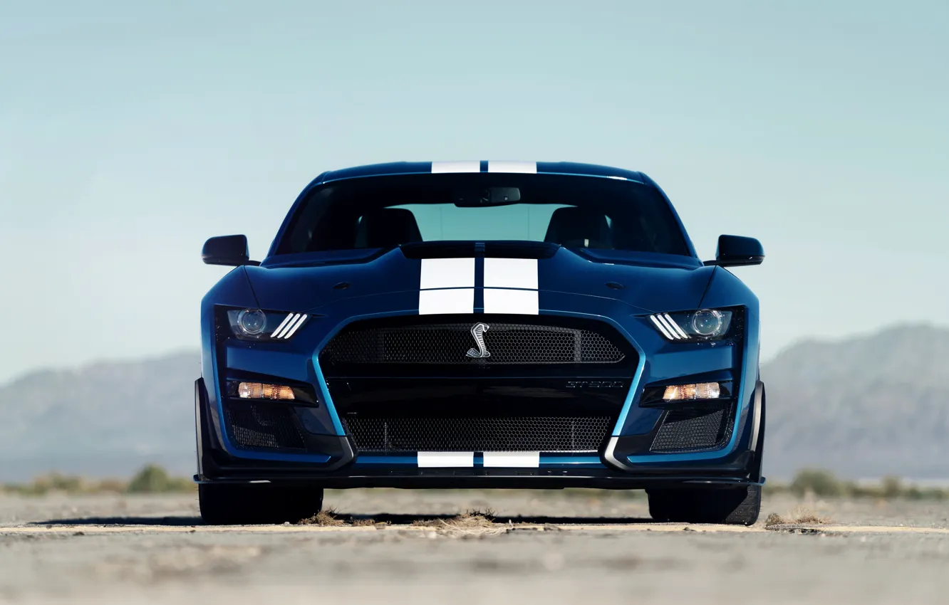 Фото обои синий, Mustang, Ford, Shelby, GT500, спереди, 2019