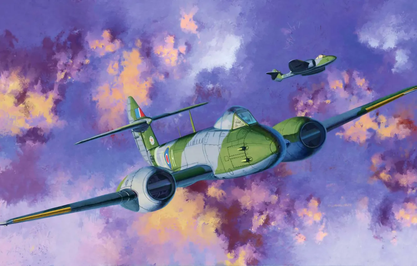Фото обои war, art, airplane, painting, aviation, jet, Gloster Meteor F.III