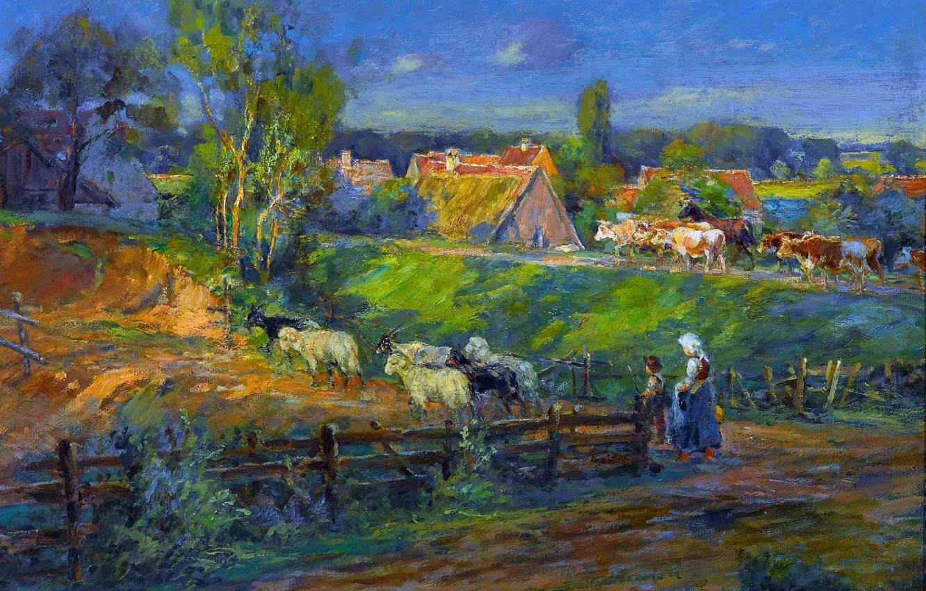 Фото обои Дома, Деревья, Дети, Овцы, Картина, Коровы, Карл Штульмюллер, Karl Stuhlmüller