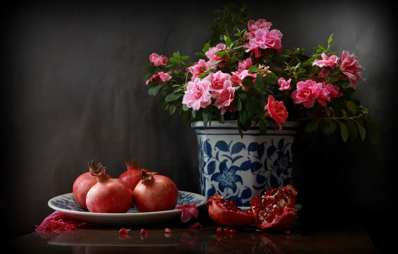 Фото обои цветок, плоды, тарелка, горшок, фрукты, натюрморт, гранаты, зёрна