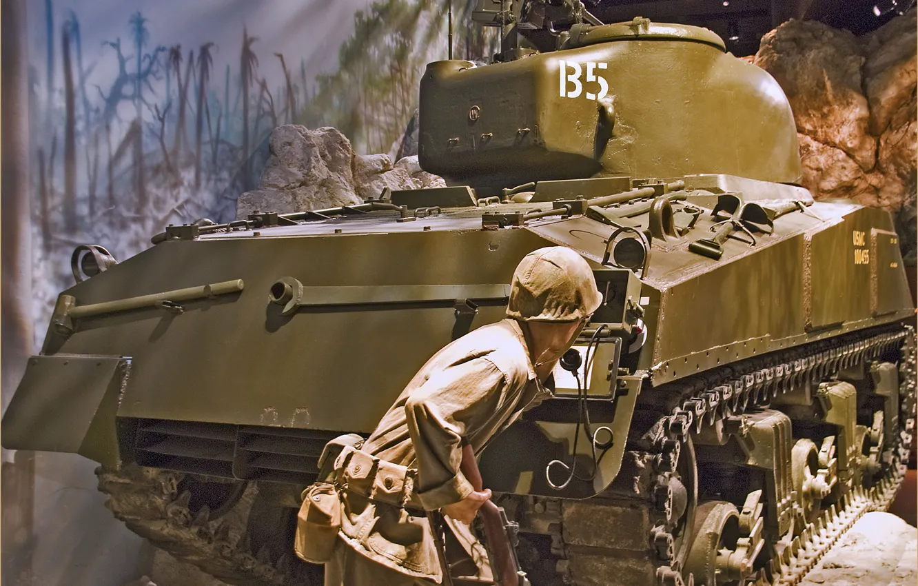 Фото обои оружие, экспозиция, солдат, панорама, экипировка, американский, средний, WW2