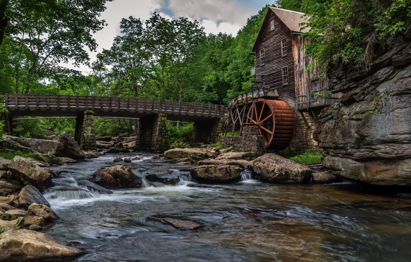Фото обои мост, река, мельница