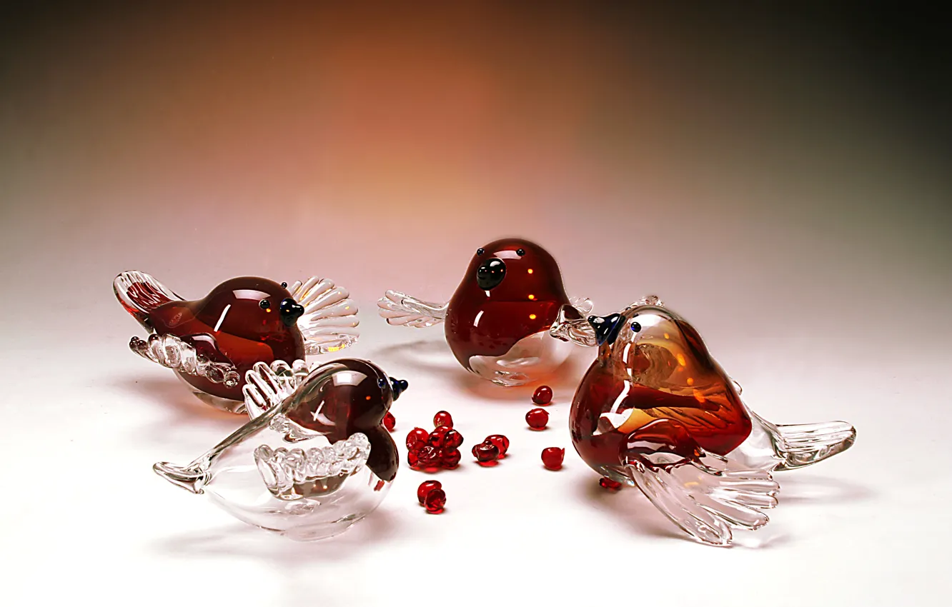 Фото обои стекло, хрусталь, рябина, декор, красные ягоды, снегири, Гусь-Хрустальный, пташки