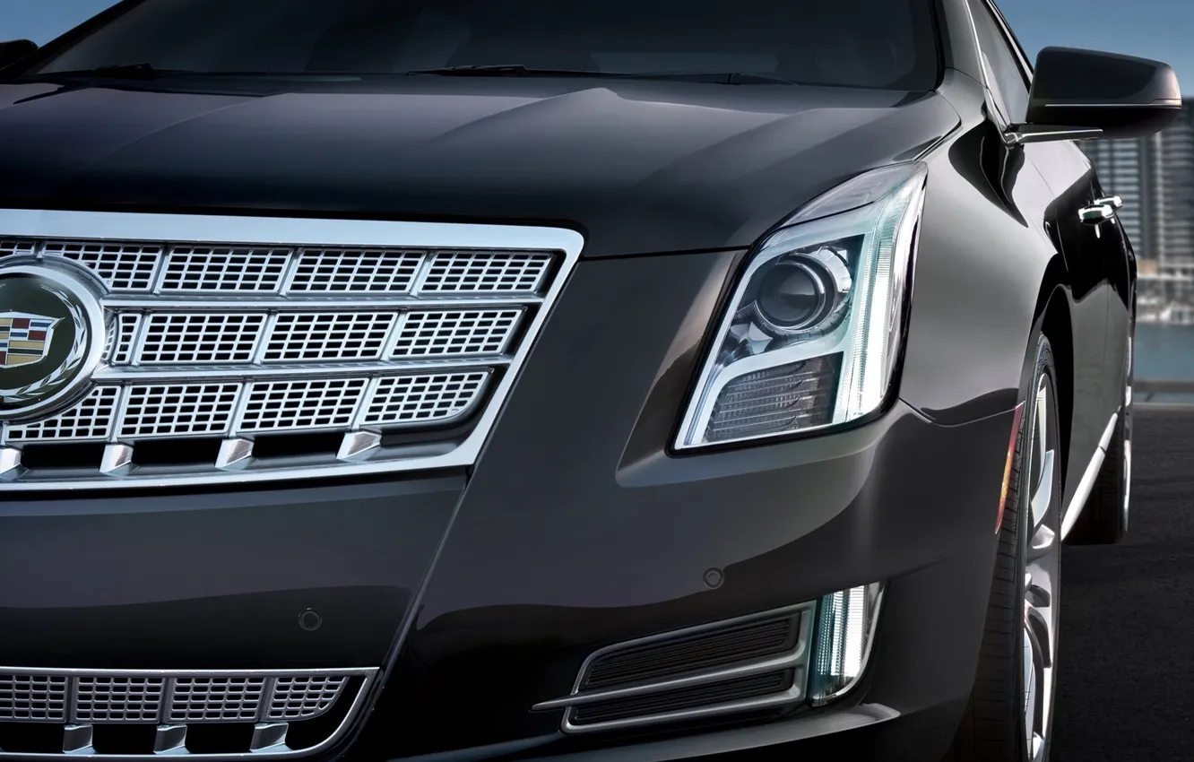Фото обои серый, Cadillac, эмблема, седан, передок, кадилак, решетка радиатора, XTS