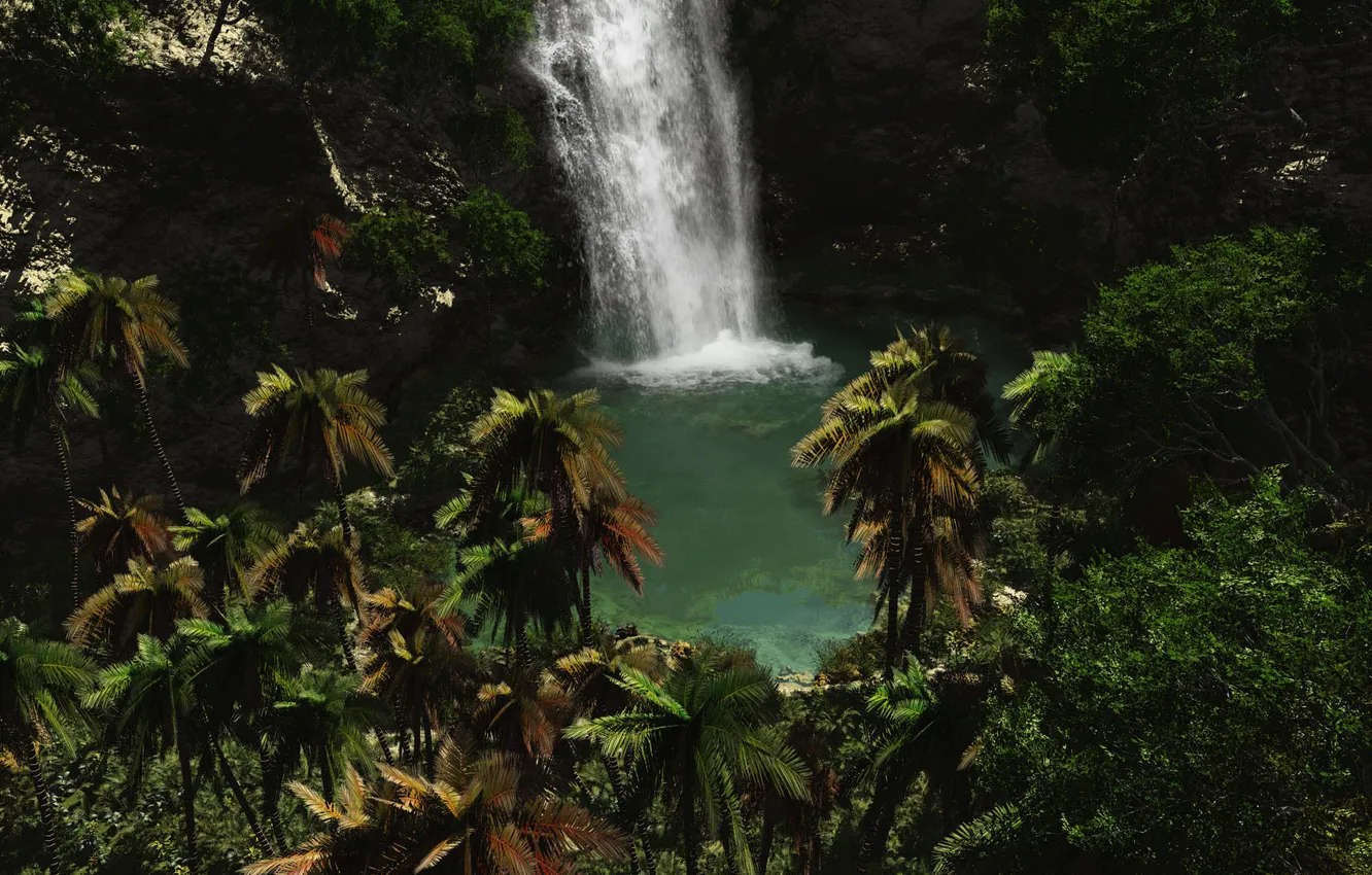 Фото обои зелень, вода, пальмы, водопад