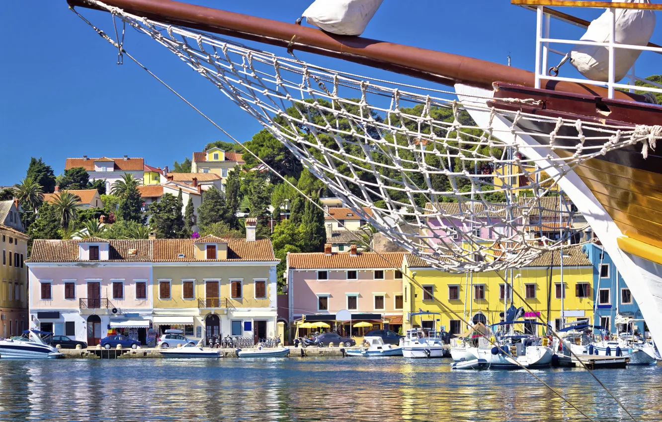 Фото обои море, город, Яхта, Хорватия, Адриатика, снасти, остров Лошинь, Island Losinj