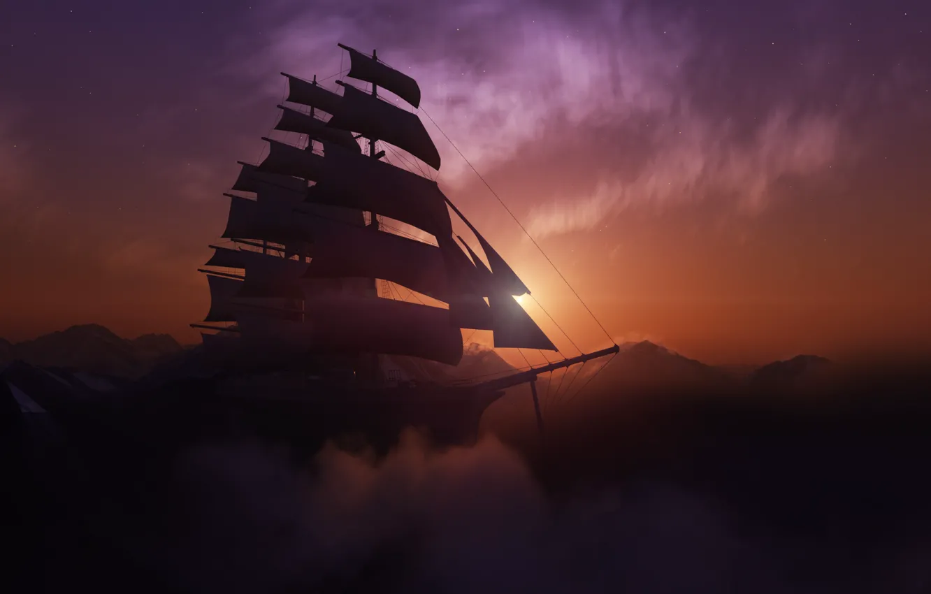 Фото обои солнце, закат, горы, корабль, парусник, бриг