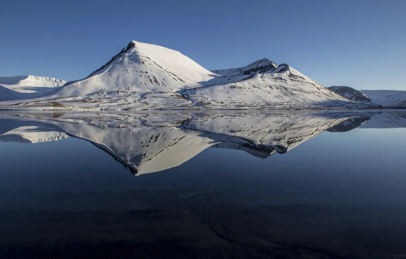 Фото обои снег, горы, природа, озеро, гладь, отражение, холмы