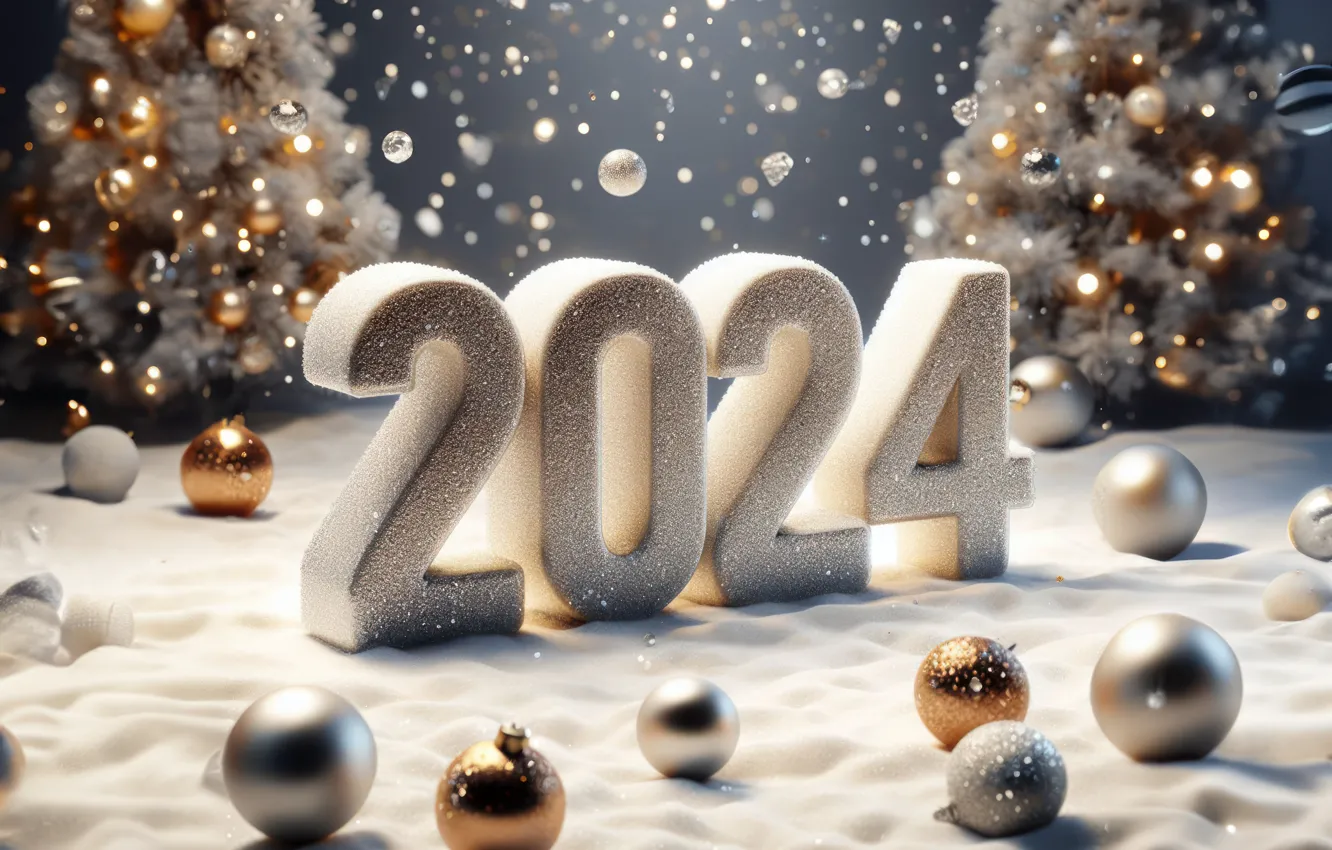 Фото обои цифры, Новый год, golden, winter, snow, decoration, numbers, New year