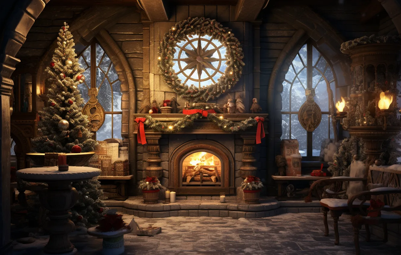 Фото обои украшения, комната, шары, елка, интерьер, Новый Год, Рождество, подарки