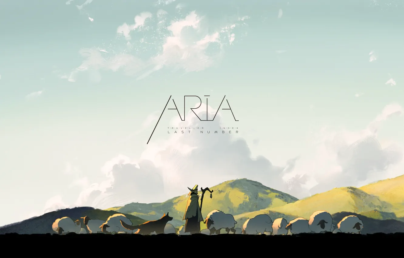 Фото обои sky, animals, nature, anime, dog, clouds, Aria, sheep