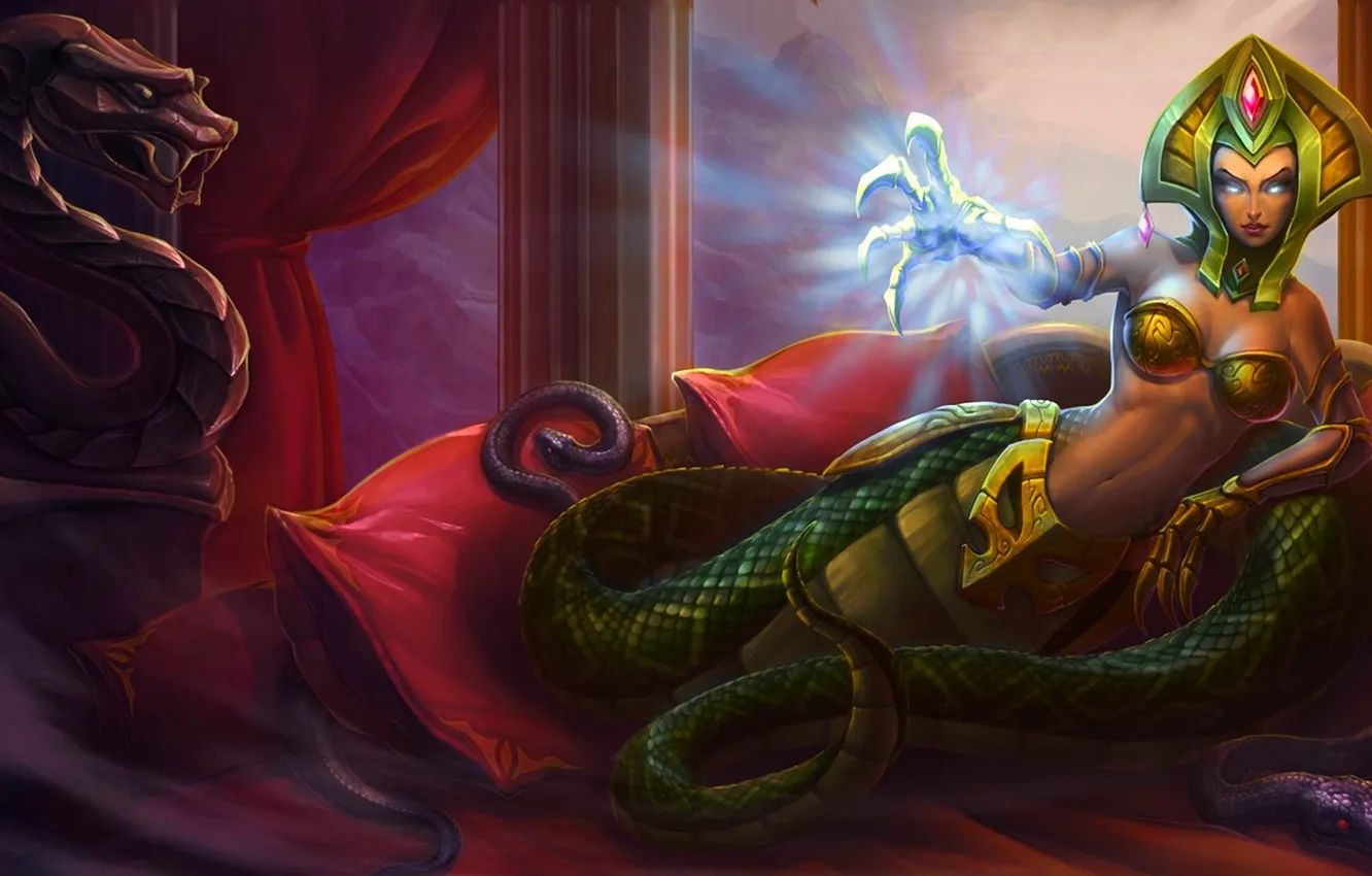 Фото обои змеи, диван, магия, рука, подушки, колонна, league of legends, cassiopeia