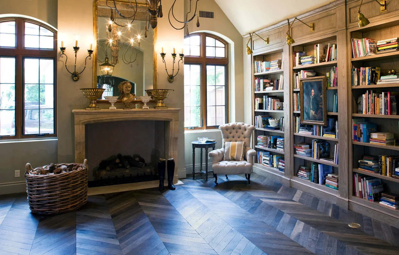 Фото обои дизайн, стиль, интерьер, камин, библиотека, French Flair Library, by Wildwood Designs Inc.