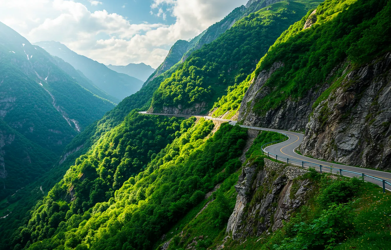 Фото обои дорога, небо, облака, горы, природа, обои, долина, wallpaper