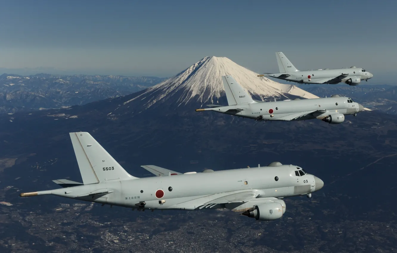 Фото обои Фудзияма, Звено, Kawasaki P-1, Патрульный самолёт