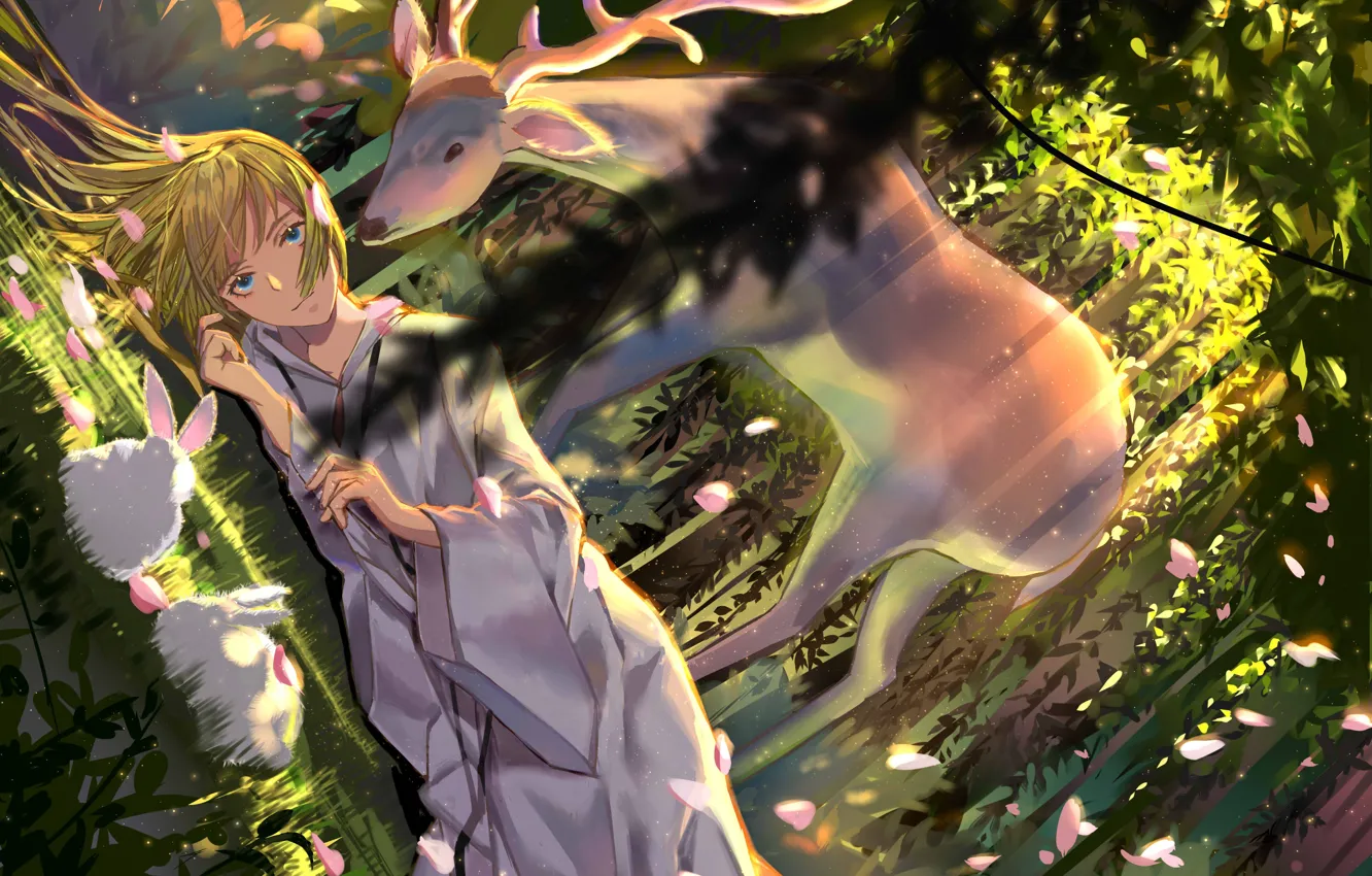 Фото обои лес, девушка, олень, кролики, Lancer, Fate / Grand Order