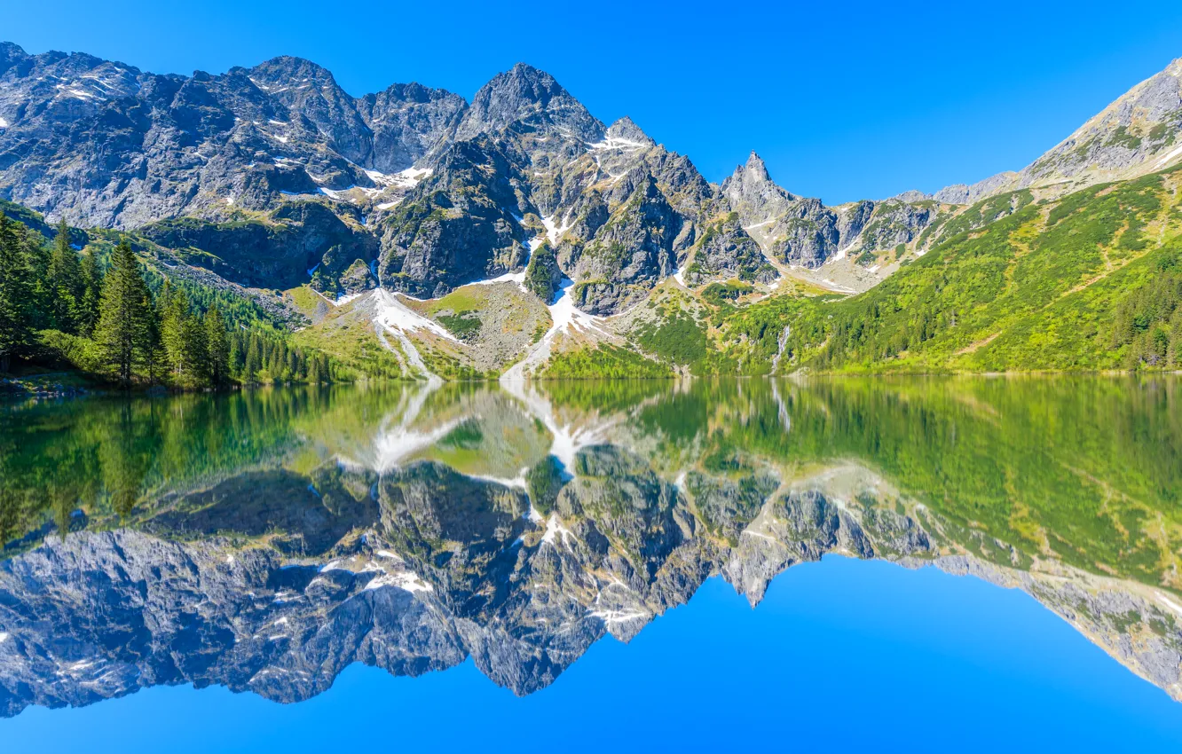 Фото обои вода, солнце, деревья, горы, озеро, отражение, камни, скалы