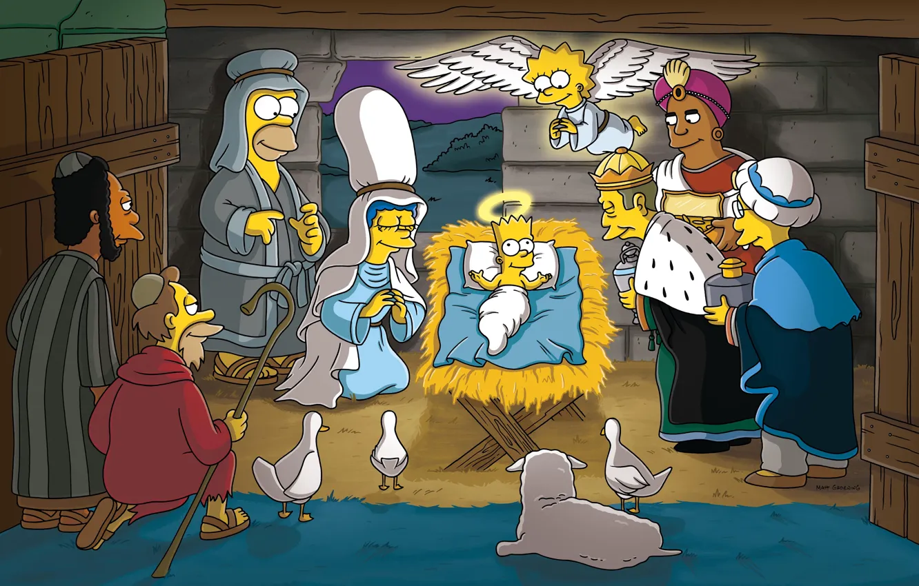 Фото обои Симпсоны, Рождество, Гомер, Барт, Лиза, The Simpsons, Мардж, Доктор Хилберт