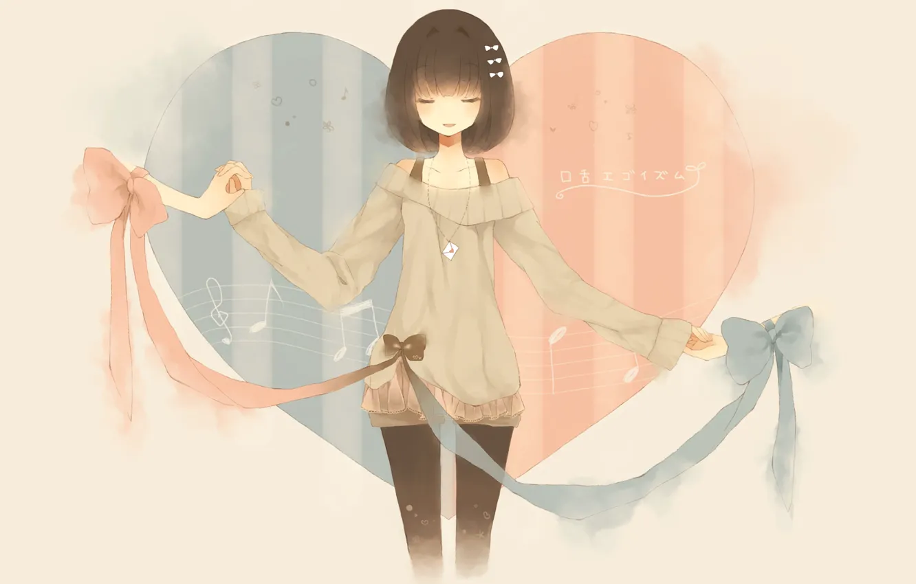 Фото обои ленты, ноты, сердце, аниме, арт, девочка, бант, мзыка