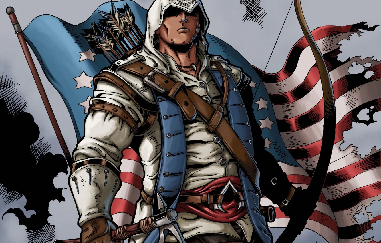 Фото обои флаг, лук, капюшон, стрела, убийца, connor, assassin's creed 3, тапор