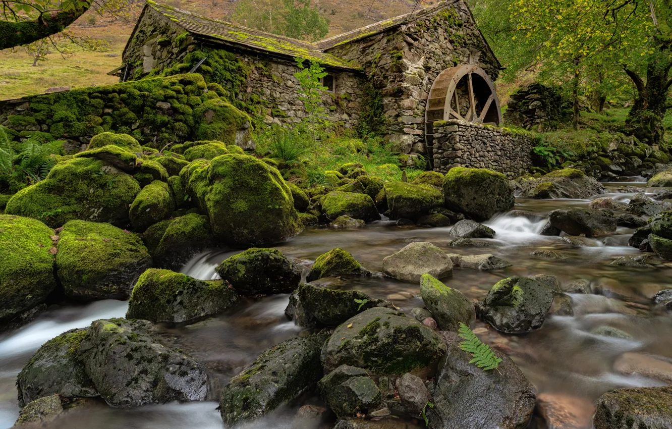 Фото обои камни, Англия, мох, мельница, речка, England, Cumbria, Камбрия