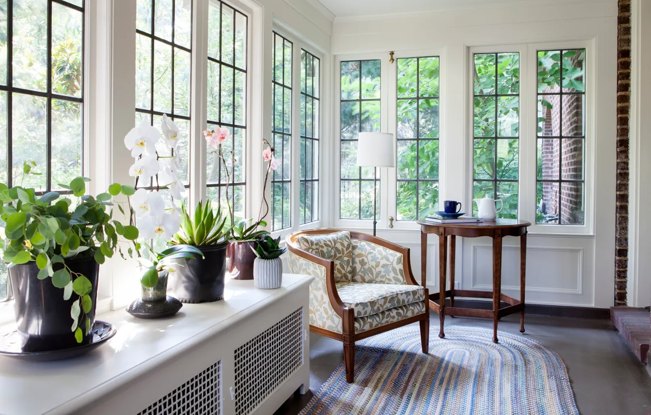 Фото обои цветы, интерьер, кресло, столик, веранда, Ccraftsman interior design