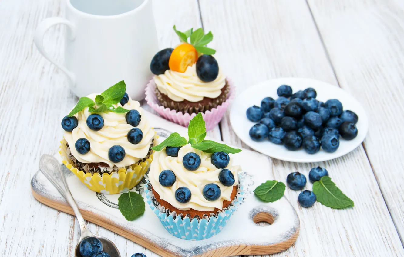 Фото обои ягоды, стол, черника, тарелка, крем, sweet, dessert, кексики