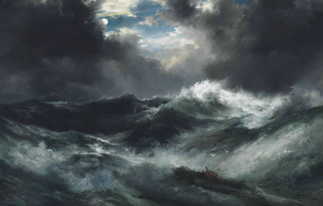 Фото обои море, волны, свет, ночь, тучи, шторм, луна, картина
