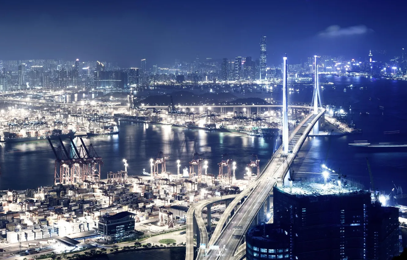 Фото обои мост, Огни, Порт, Город, City, Night city, Port, Ночной город