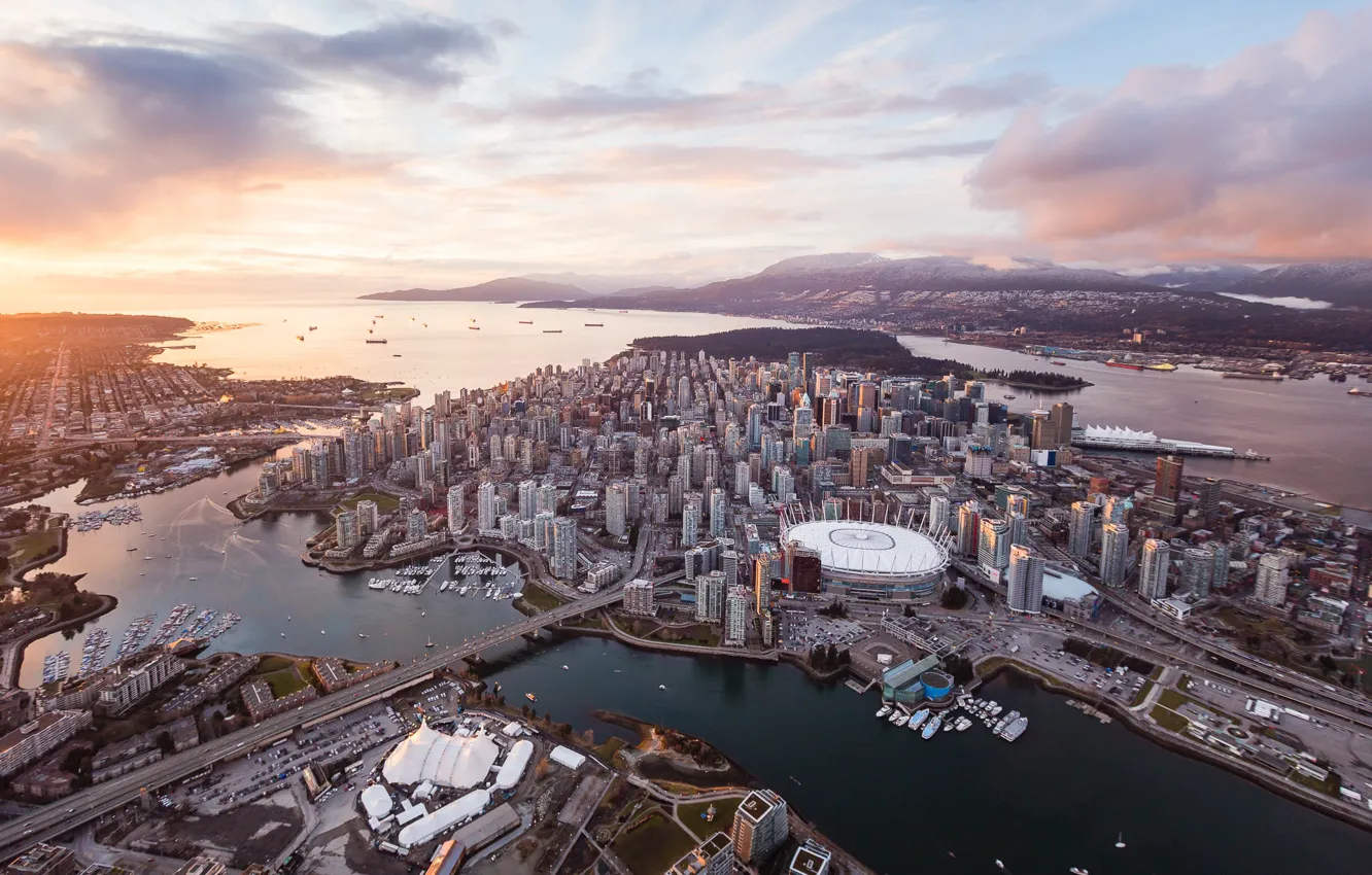 Фото обои здания, лодки, водоём, стадион, Vancouver