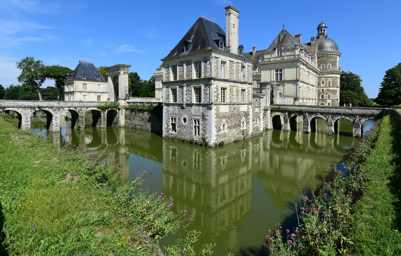 Фото обои Франция, Пруд, Мосты, Замки, Chateau de Serrant