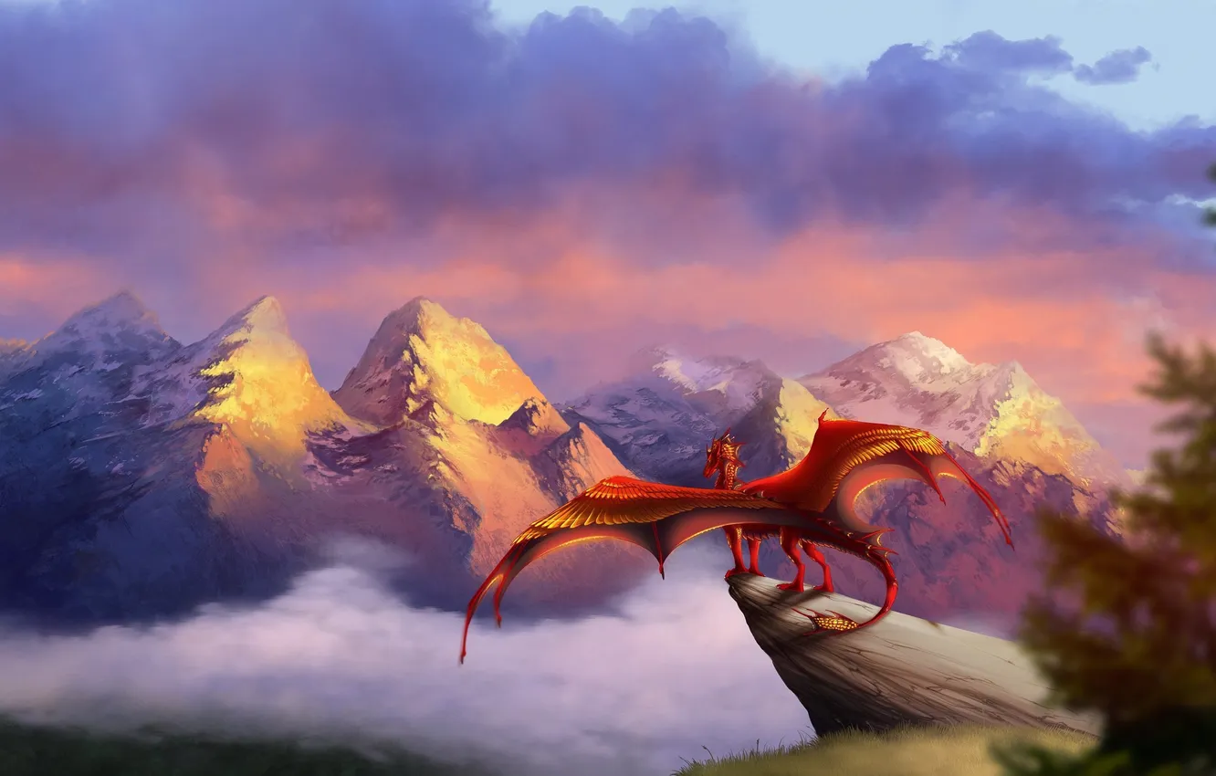 Фото обои небо, горы, фантастика, крылья, арт, красный дракон