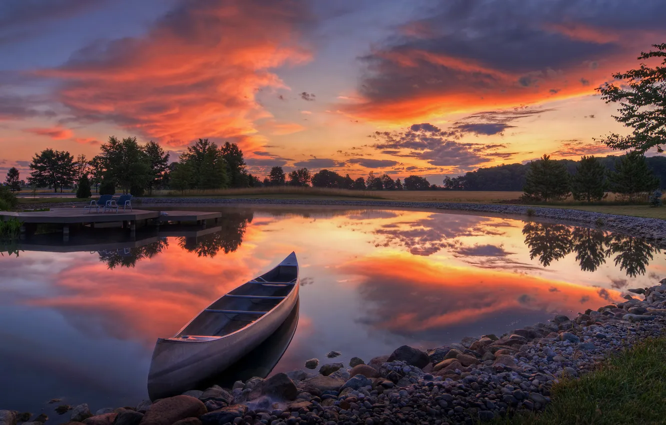 Фото обои sunrise, color, reflection, canoe, toledo
