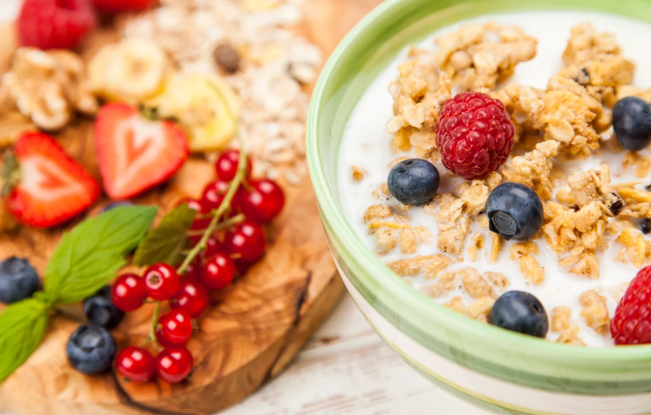 Фото обои ягоды, завтрак, клубника, breakfast, milk, мюсли, muesli, fresh berries