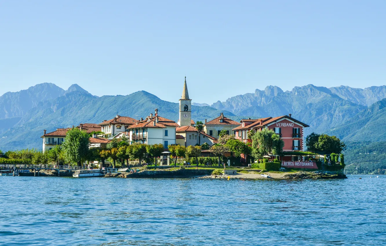 Фото обои горы, озеро, остров, здания, дома, Альпы, Италия, Italy