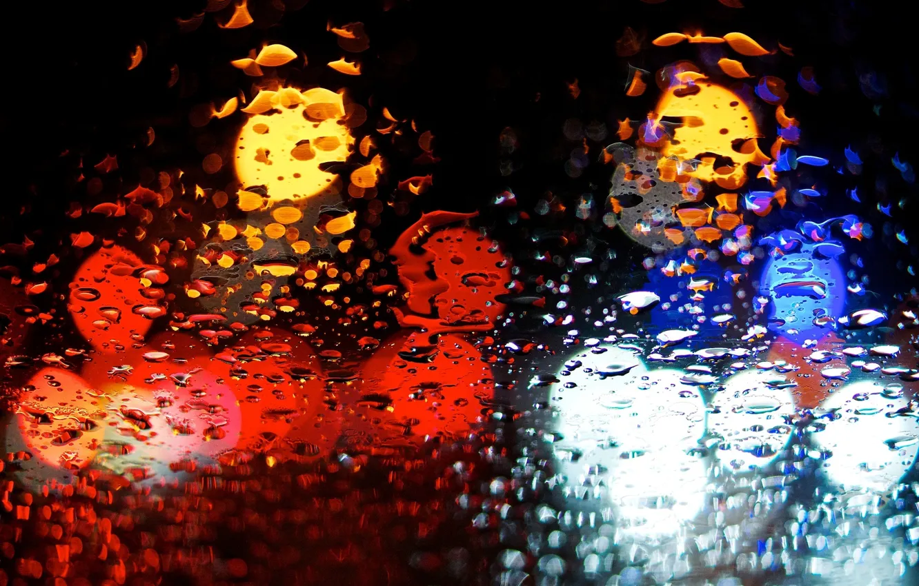 Фото обои вода, капли, макро, синий, красный, огни, фон, дождь