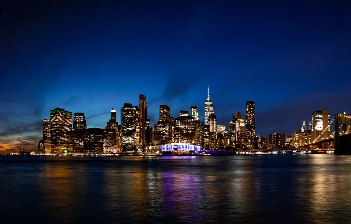 Фото обои city, lights, USA, twilight, river, skyline, water, night