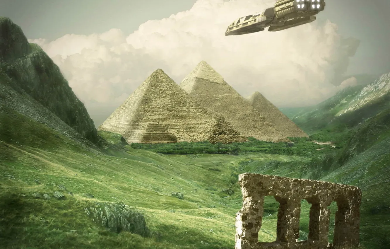 Фото обои трава, корабль, пирамиды