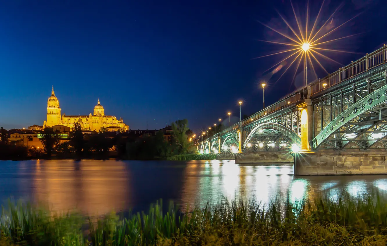 Фото обои мост, огни, река, вечер, Испания, blue hour, Salamanca