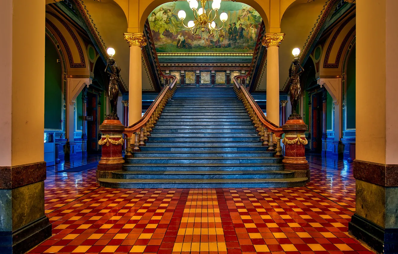 Фото обои картина, лестница, люстра, перила, колонны, ступени, США, Капитолий