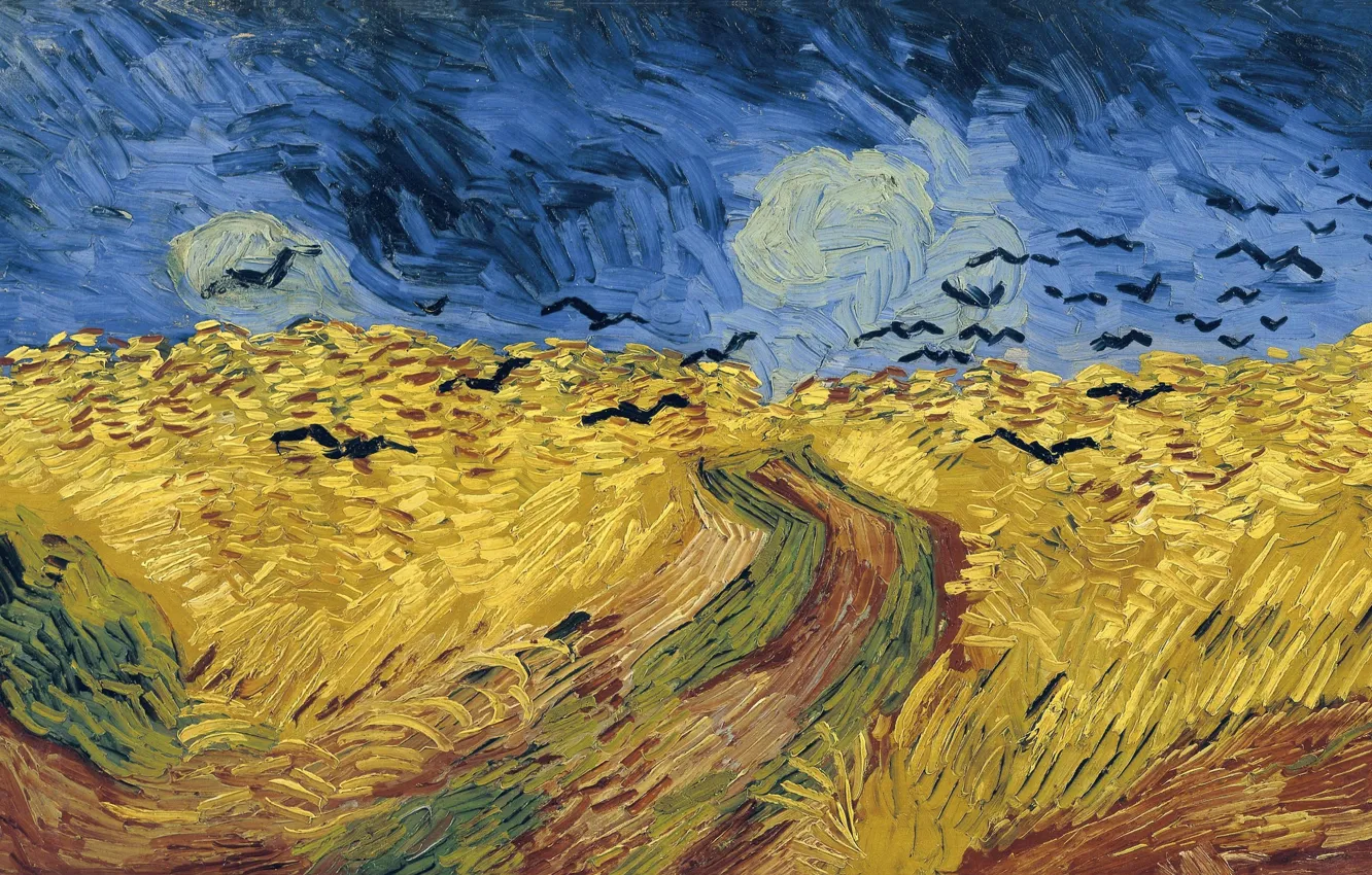 Фото обои дорога, поле, вороны, 1890, Vincent Willem van Gogh, Wheat Field with Crows