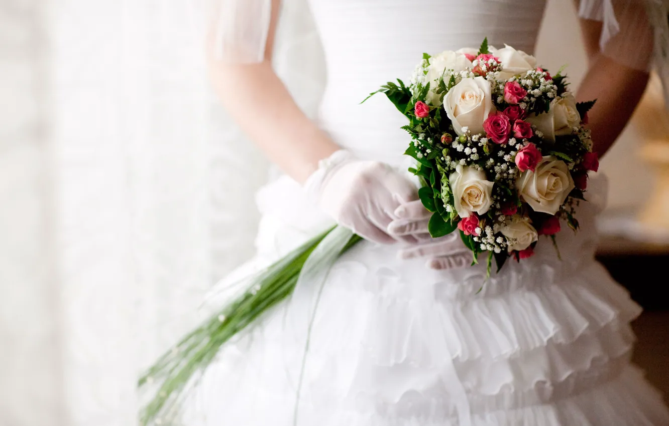 Фото обои белое, розы, букет, платье, свадьба, roses, Wedding