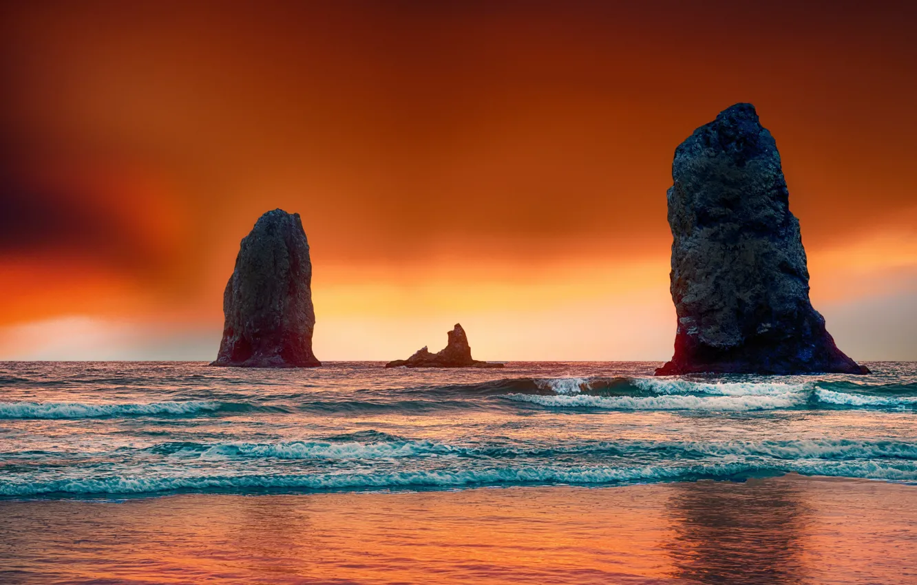Фото обои море, закат, скалы, берег
