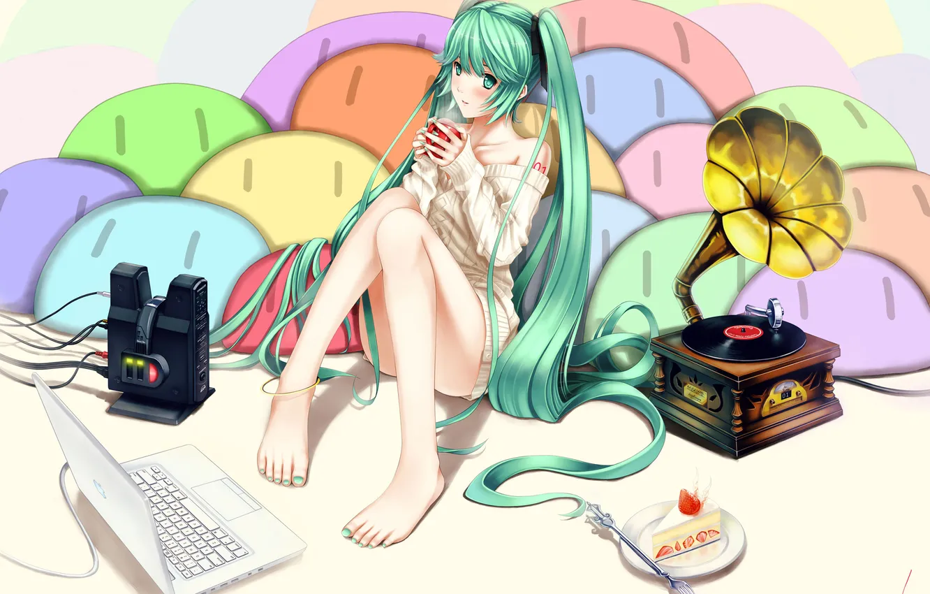 Фото обои ноутбук, vocaloid, hatsune miku, граммофон