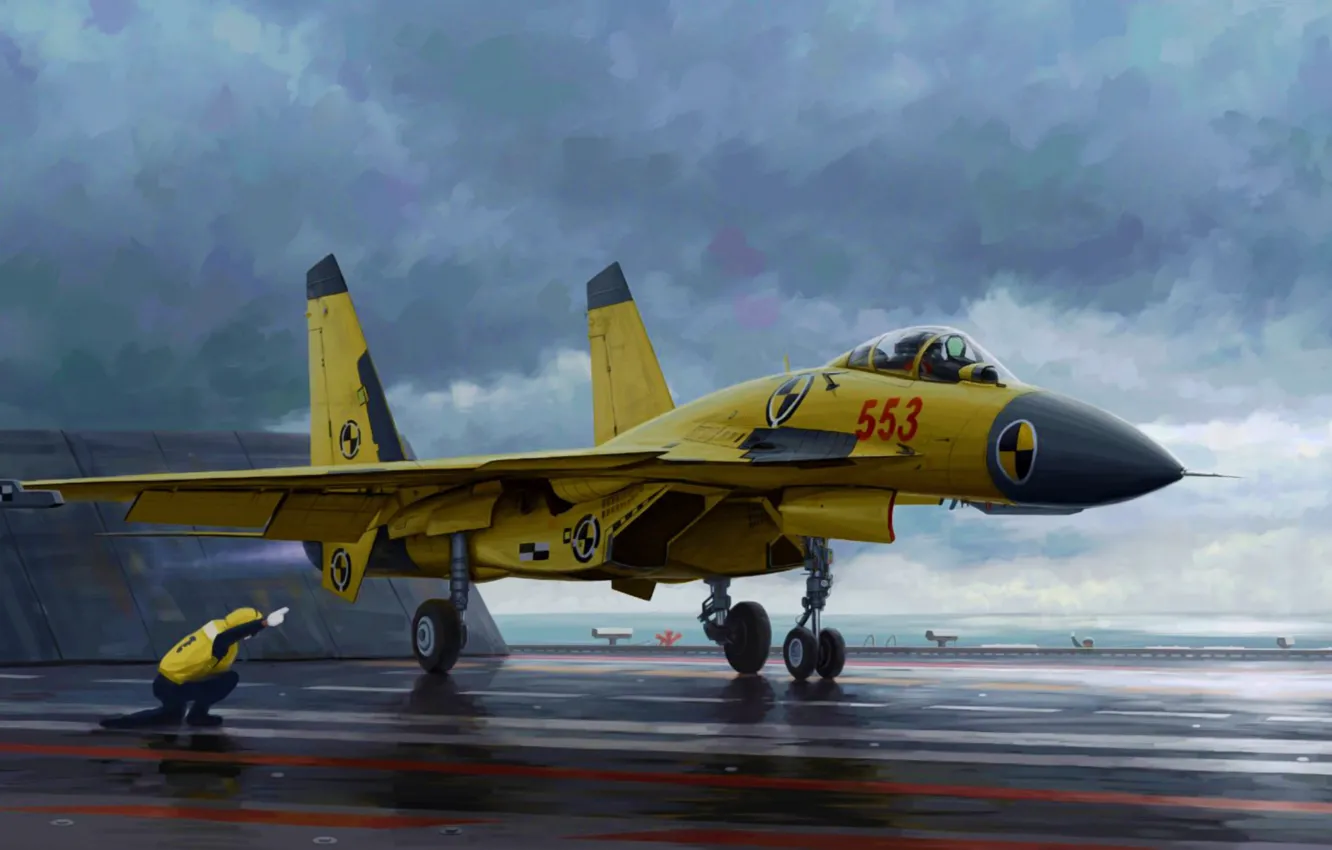 Фото обои war, art, airplane, painting, aviation, jet, J-15 with Flight Deck