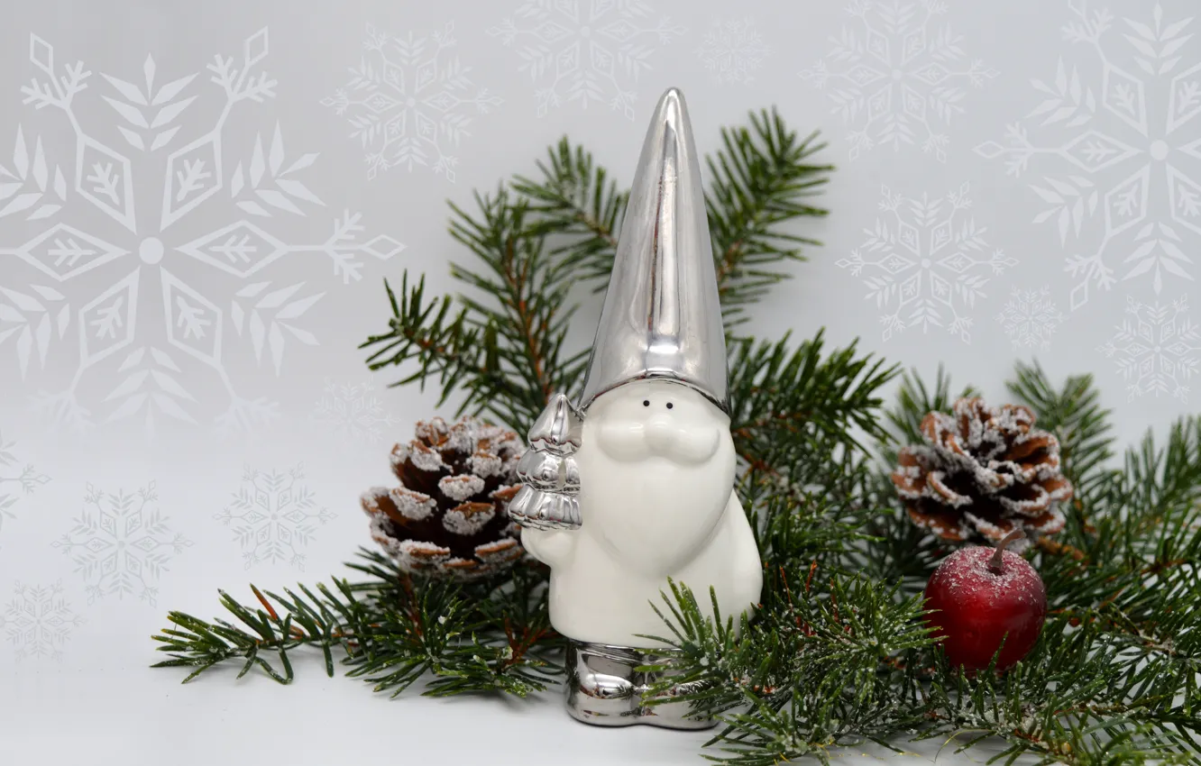 Фото обои снежинки, ветки, игрушка, яблоко, серебристый, Рождество, Новый год, серый фон