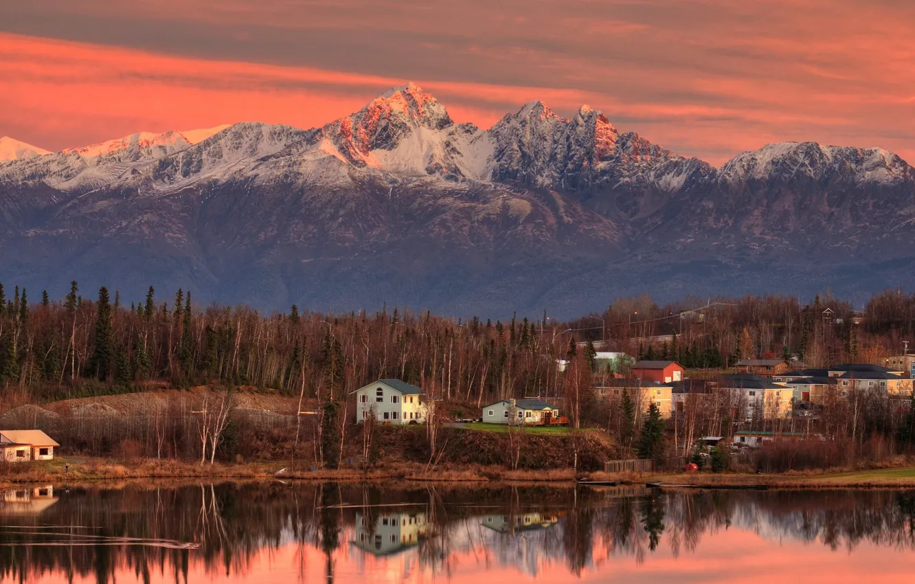 Фото обои twilight, sunset, mountains, lake, evening, dusk, village