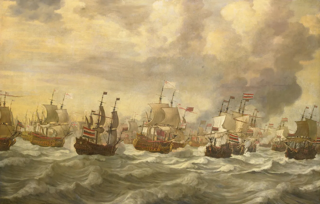 Фото обои море, корабль, масло, картина, парус, холст, Эпизод Четырехдневного Сражения, Виллем ван де Велде Младший