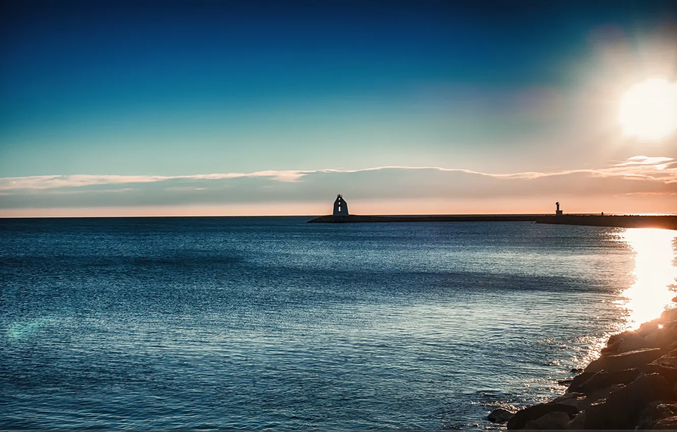 Фото обои море, закат, берег